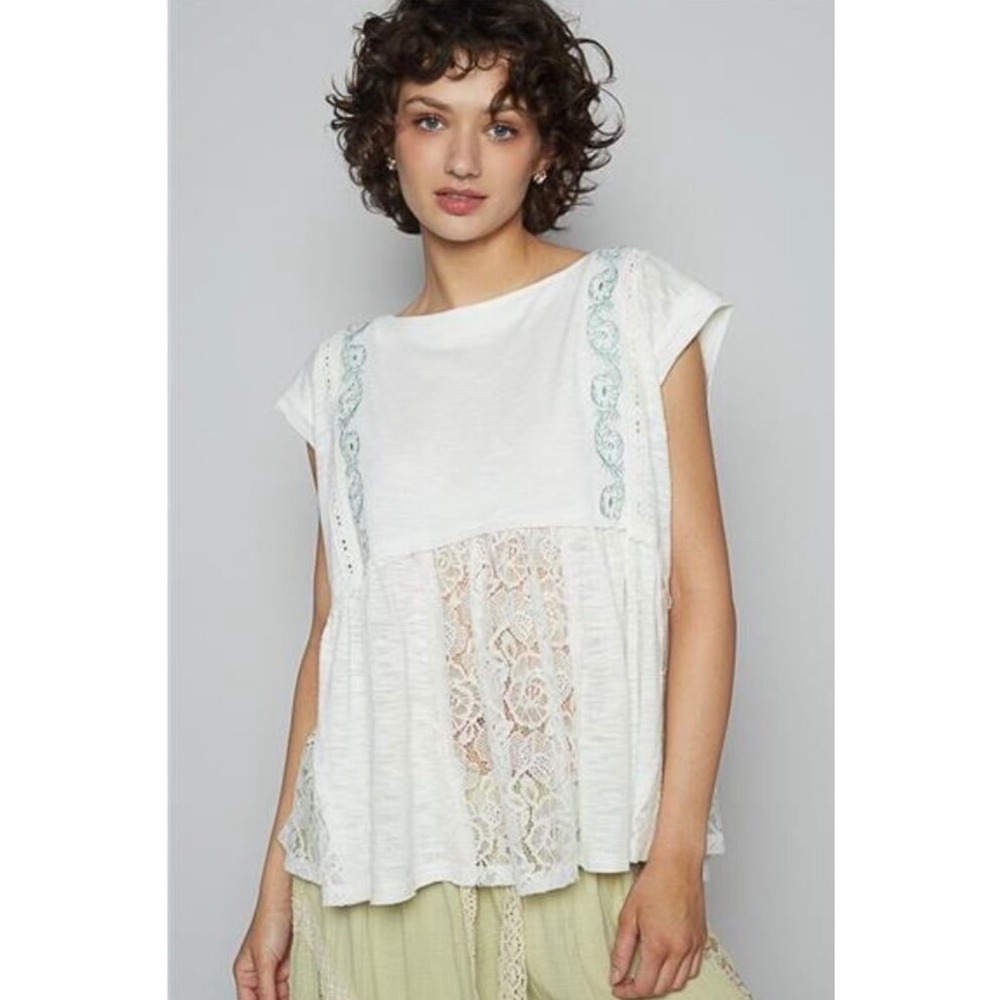 POL Peplum Top Women Large White Embroidered Lace Trim Short Sleeve YKT1444 Boho